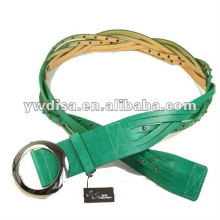 Women's PU Belt With Green PU, Alloy Accessories, Rhodium Plated, Rivets, Braided Leather